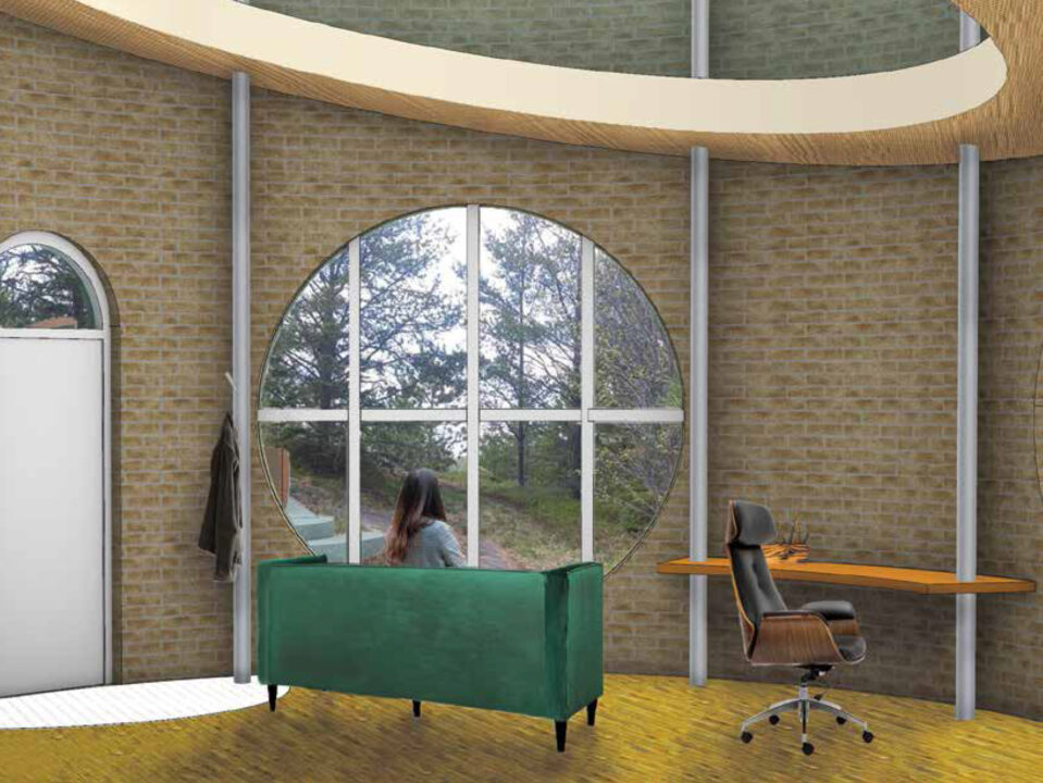 Interior render of a woman with her back to the viewer looking out a circular window