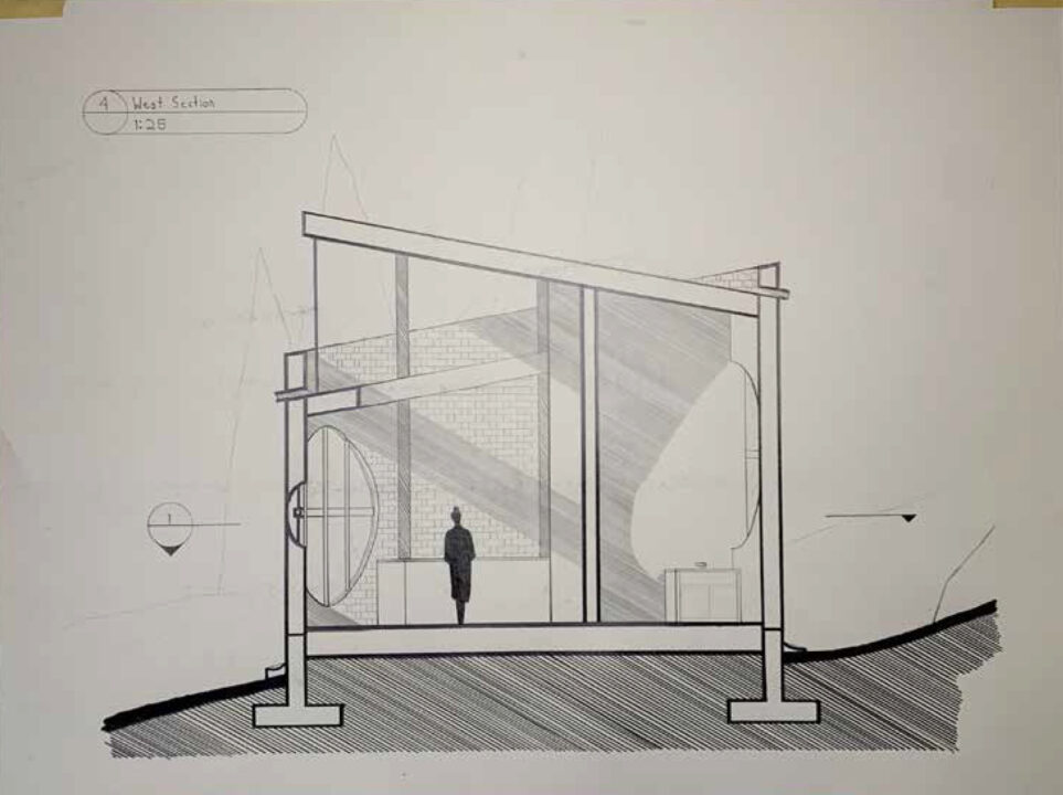 Hand drawn west section of a student designed building