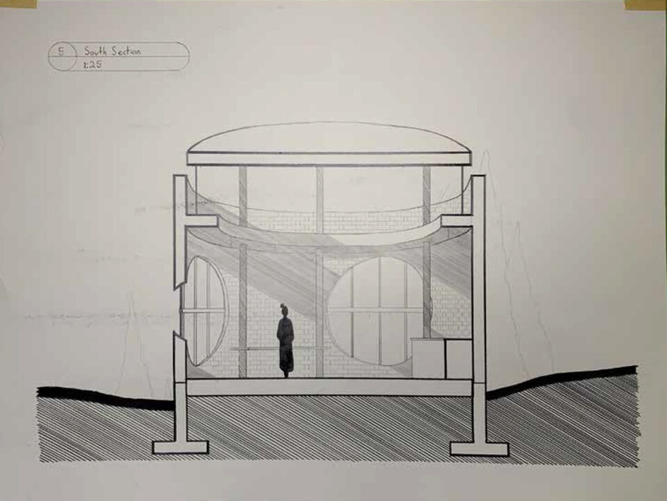 Hand drawn south section of a student designed building