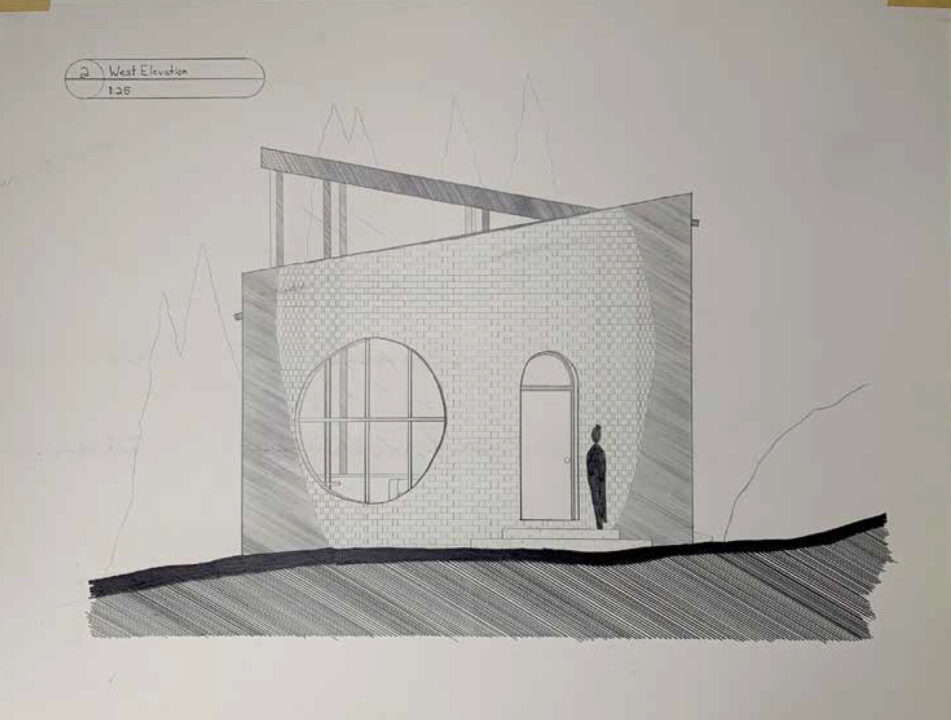 Hand drawn west elevation of a student designed building