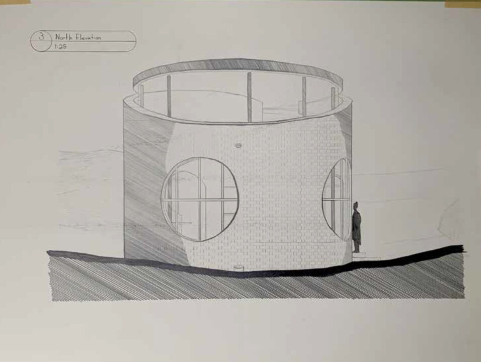 Hand drawn north elevation of a student designed building