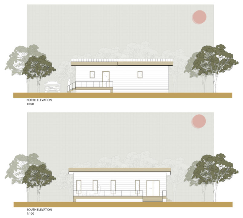 Two elevations of a one storey house with surrounding context and trees