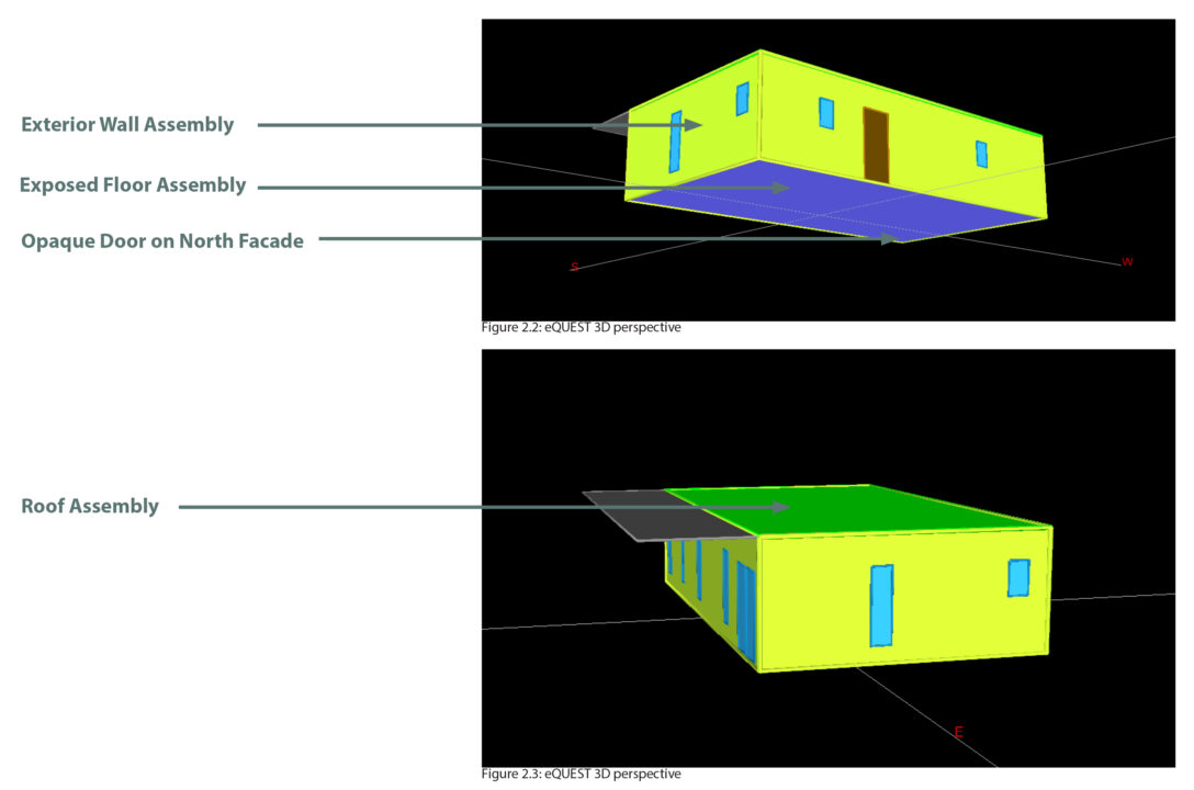 Screenshot of a one storey home in an energy modelling software, with text identifiying different elements