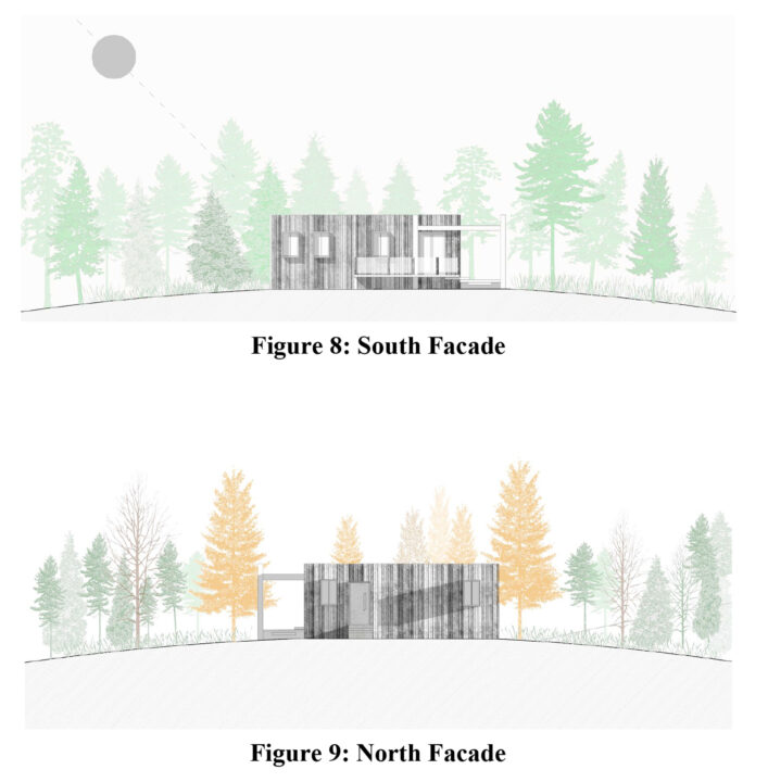 Two elevation of a one storey house in the woods