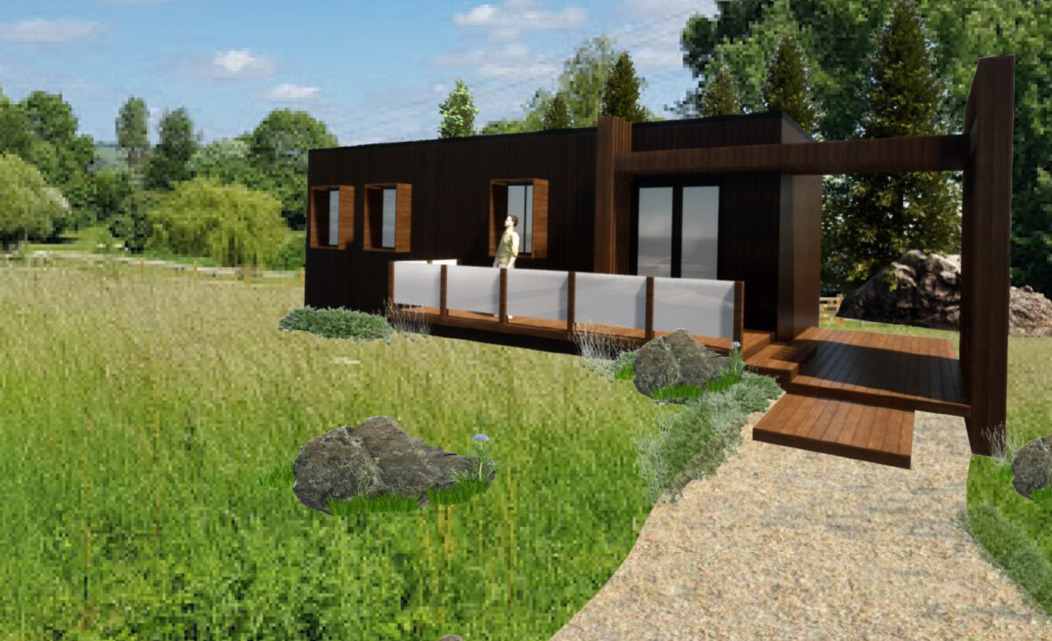 Exterior render of a one storey building in the woods with a man on the front porch