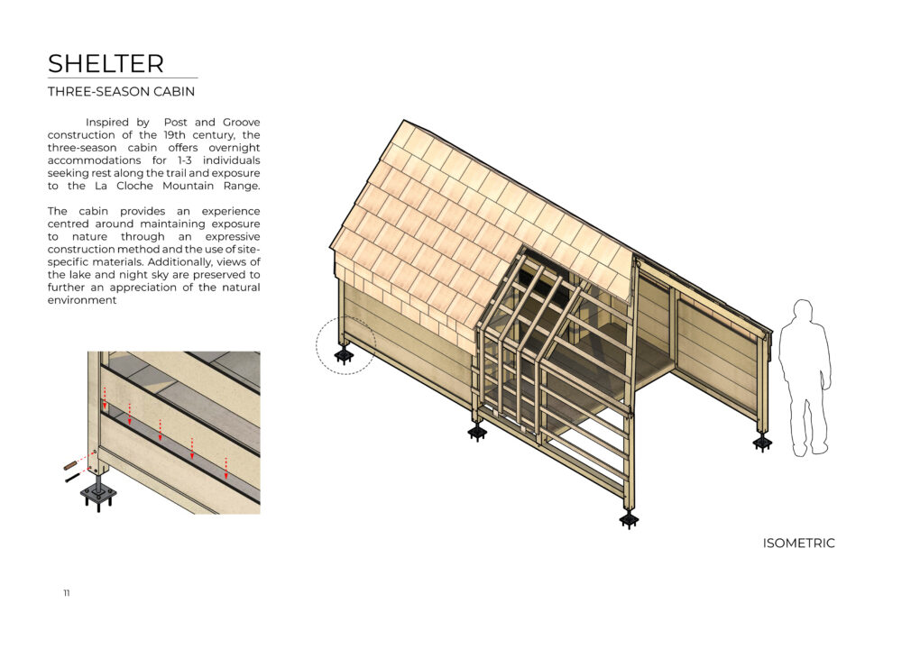 Isometric drawing of a student designed wooden shelter