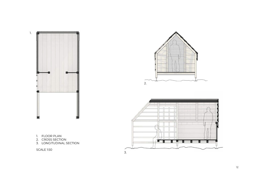 Poster of a plan and sections of a student designed wooden shelter
