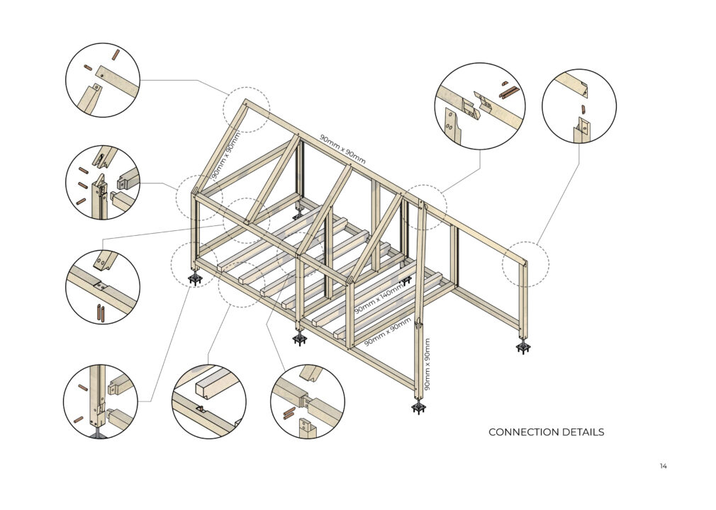 Axonometric construction diagram and details of a student designed shelter