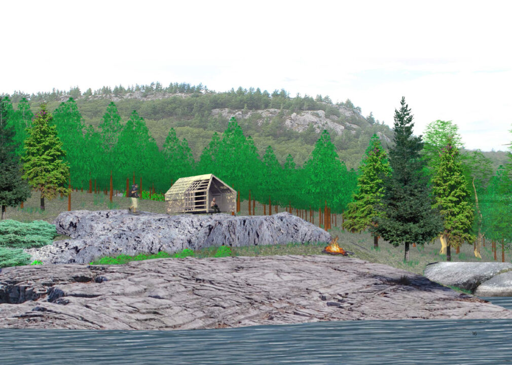 Exterior render of a student designed wooden shelter in the woods next to a body of water