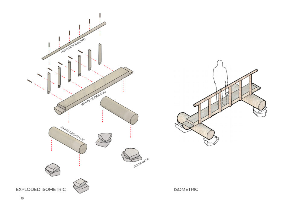 Isometric drawings of a student designed wooden bridge