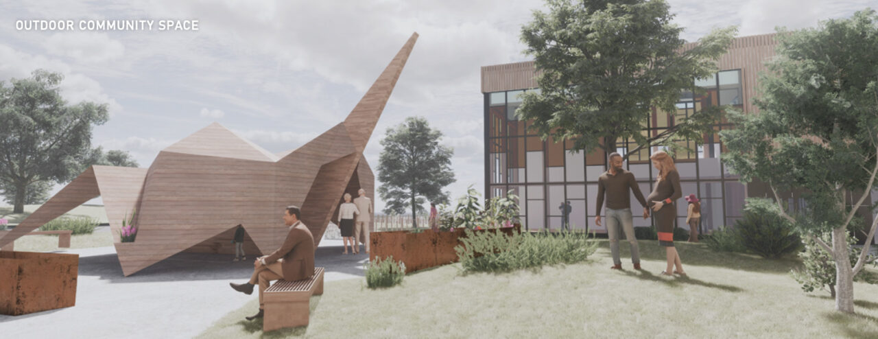 Exterior render of people outside of a student designed early education center