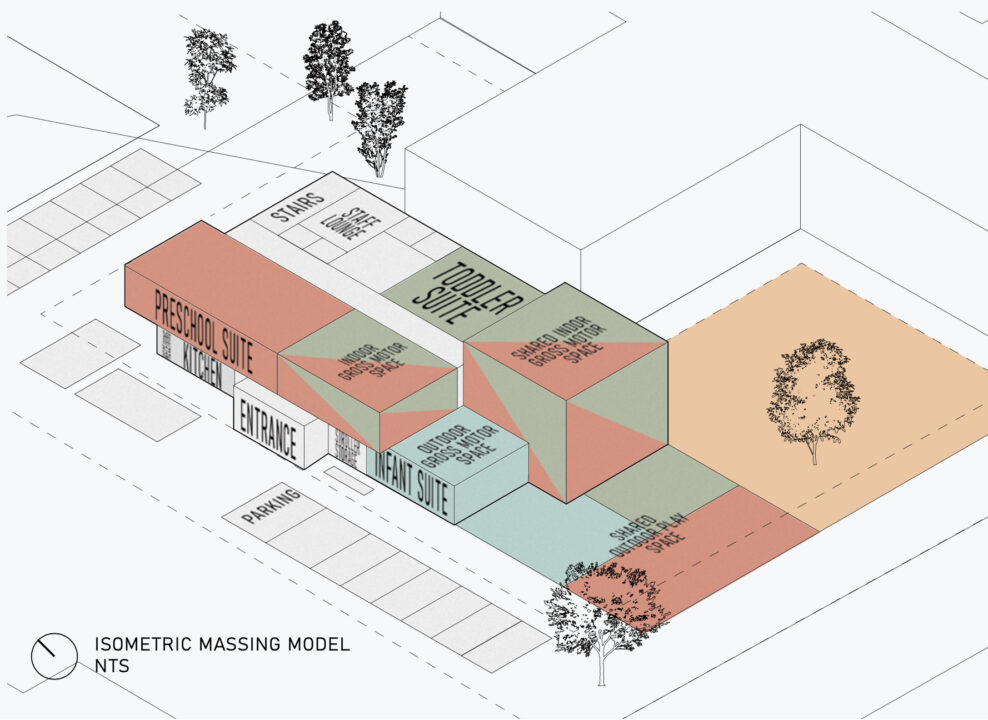 Isometric massing model of a student designed early education center