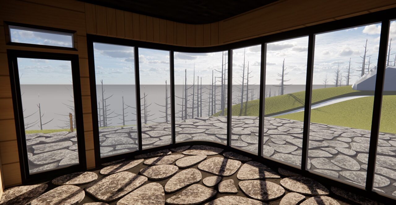 Interior render looking out a curtain wall to a lake in the distance