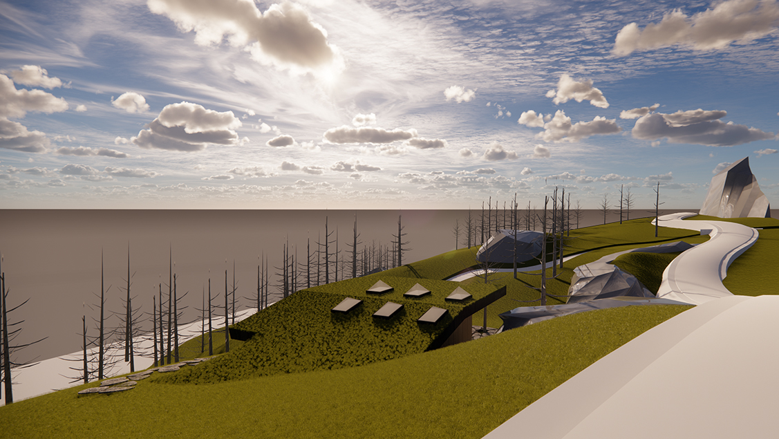 Exterior render looking down on the green roof of the student's design