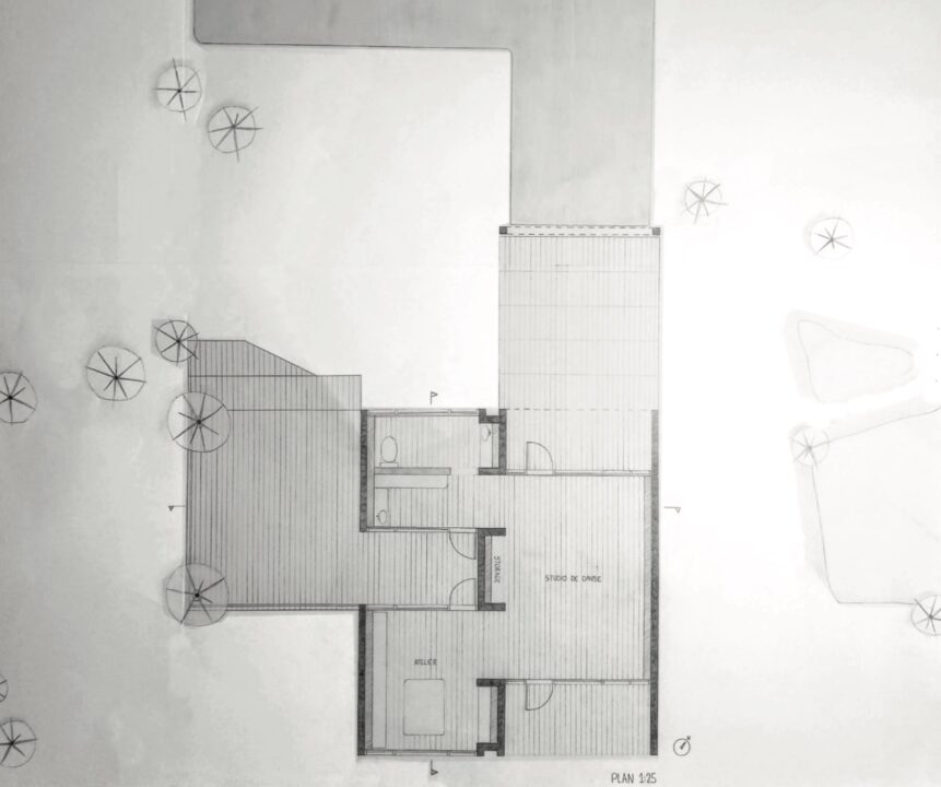 Hand drawn first floor plan of a student designed building with context