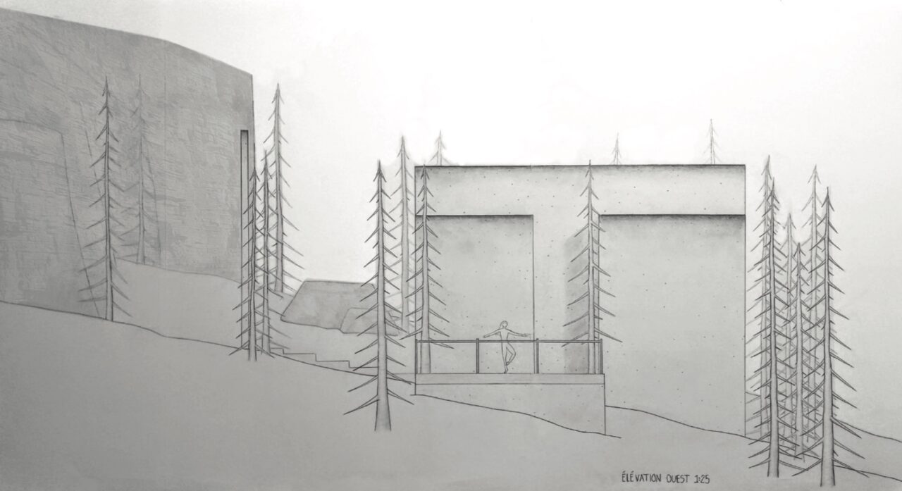 Hand drawn elevation of a student designed building with context