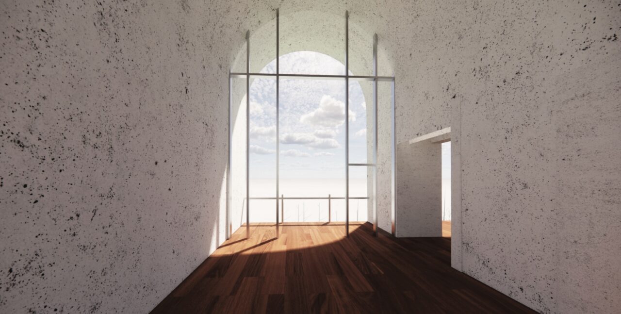Interior render of a white arch hallway with a large window at the end