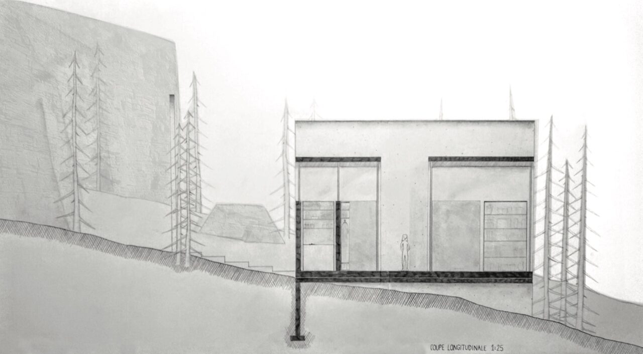 Hand drawn section of a student designed building with context