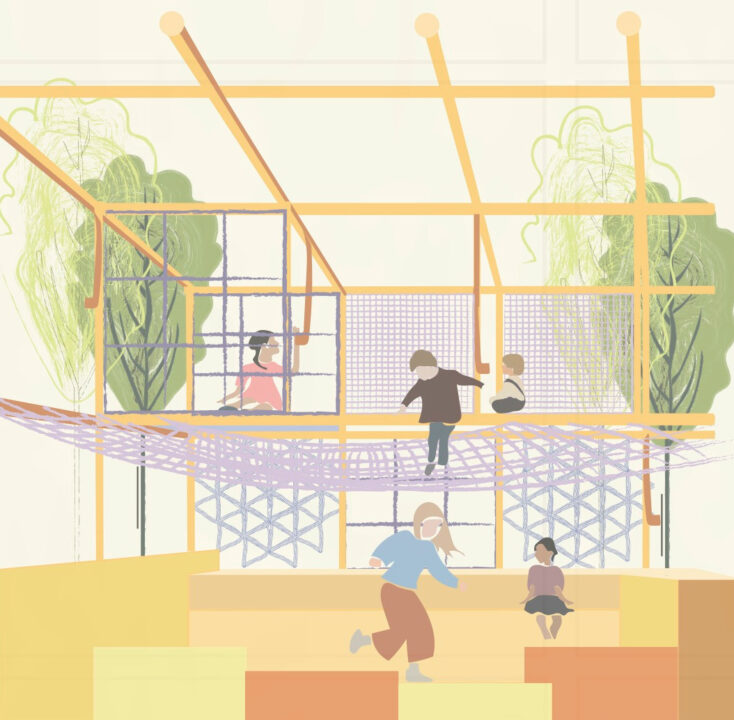 Poster with graphics of children interacting in a playground equipment