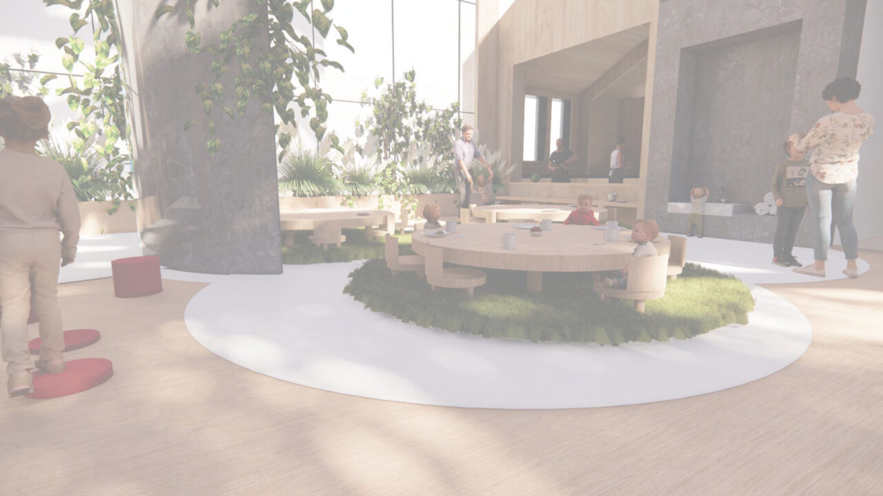 Interior render of children of playing and seated around a table of a student designed early education center