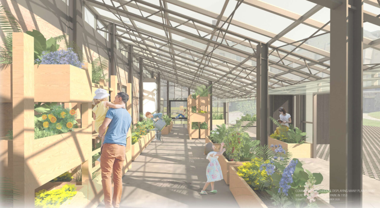 Interior render of people in a green house space