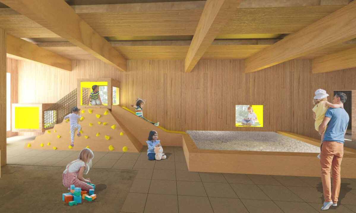 Interior rendering of children playing in a wooden play area