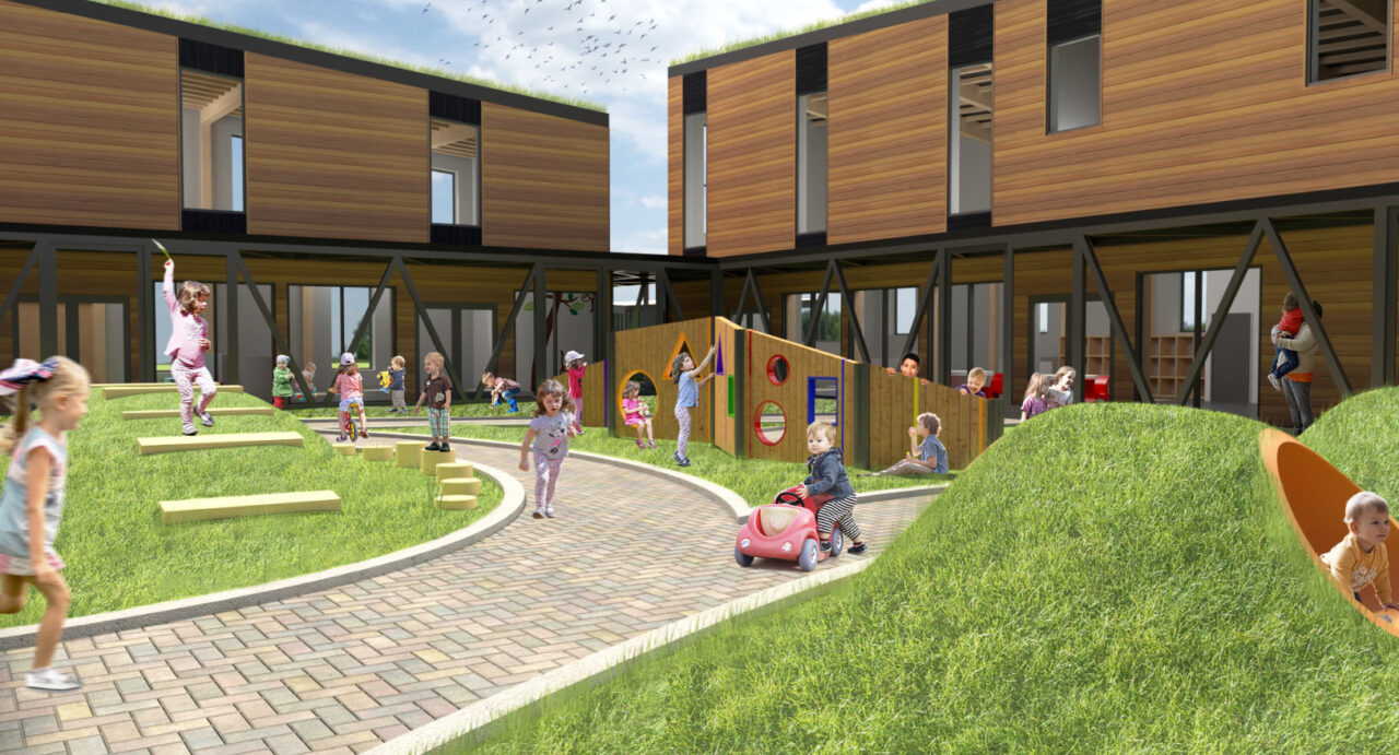 Exterior render of children playing in an outdoor green space