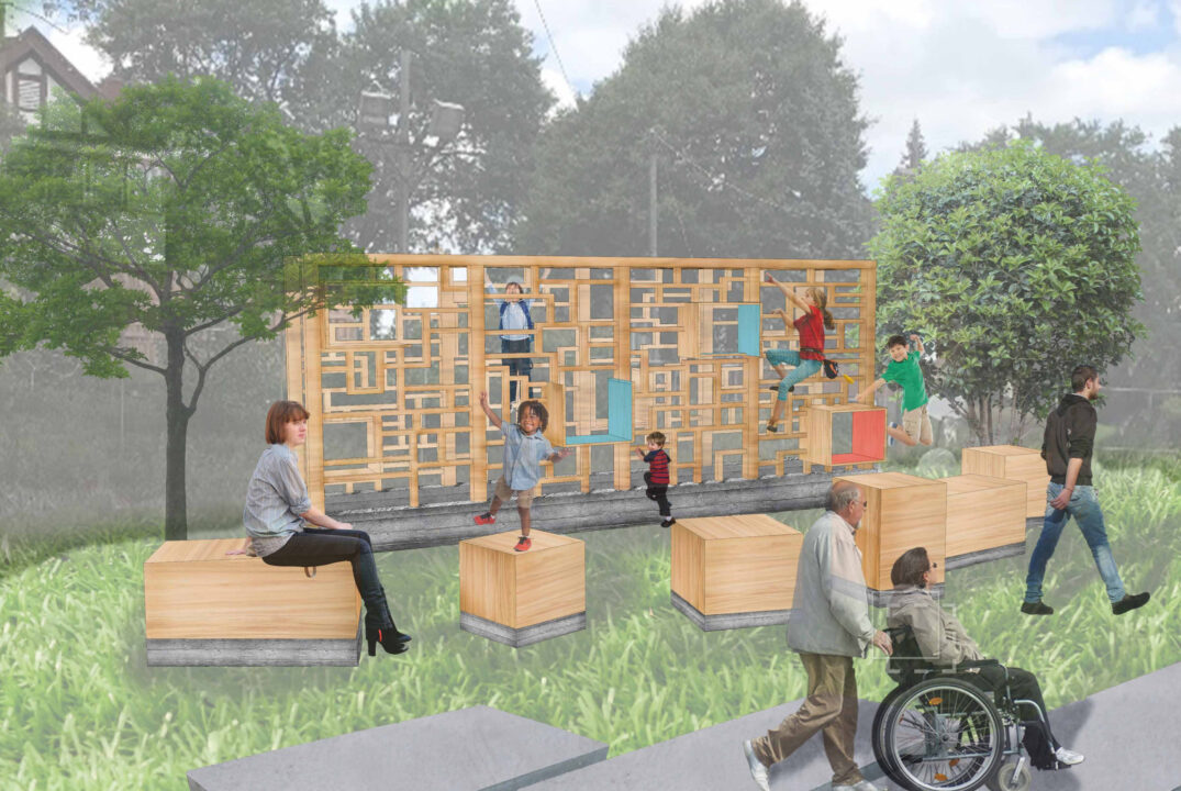 Exterior render of children playing in a play structure designed by students