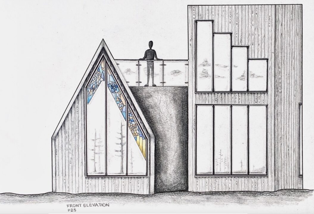 Hand drawn front elevation of a student designed building