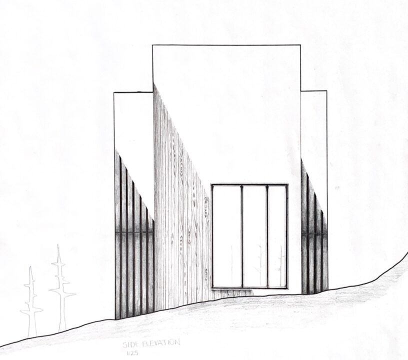 Hand drawn side elevation of a student designed building