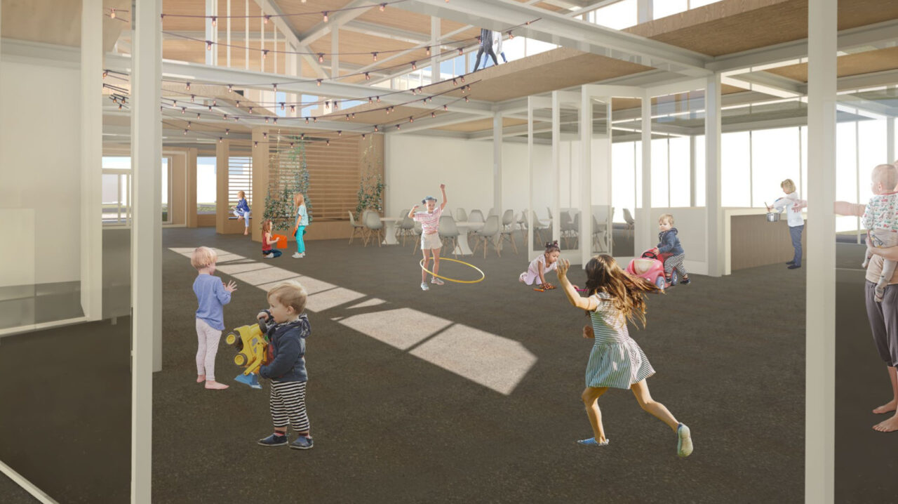 Interior render of children playing inside an open space