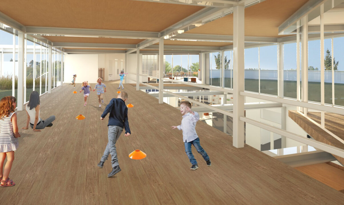 Interior render of kids playing inside a wooden open space