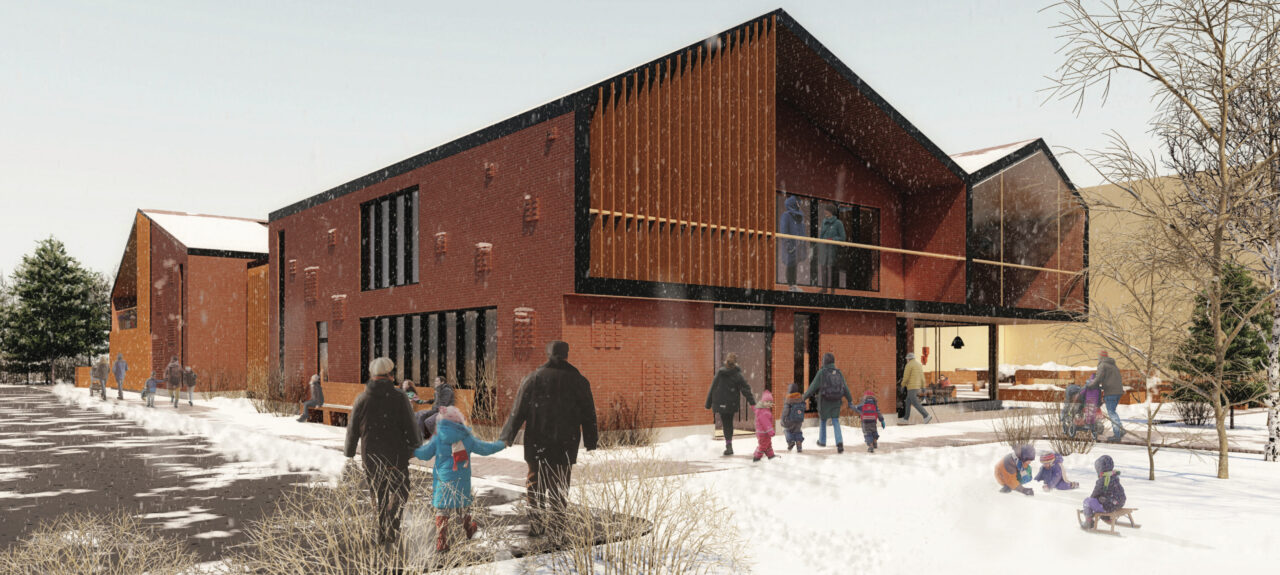 Exterior render of people going into a children's learning center in the winter time