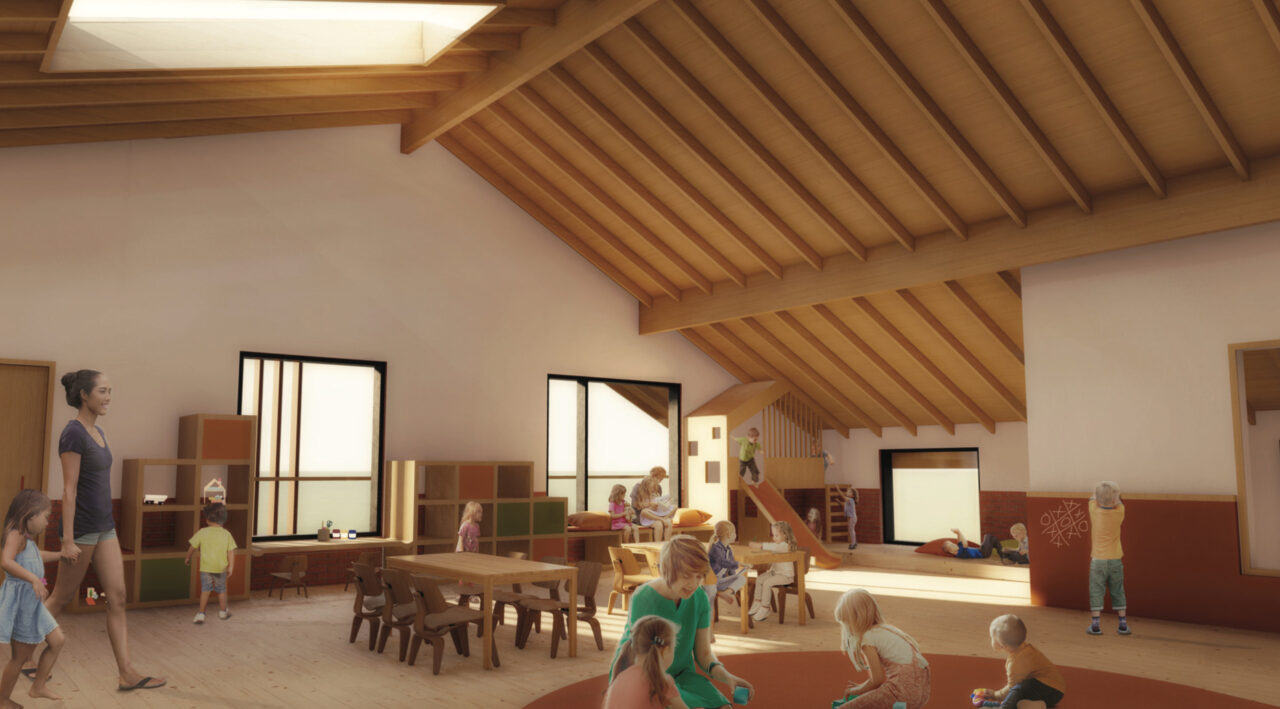Interior render of children playing in a student designed early education center