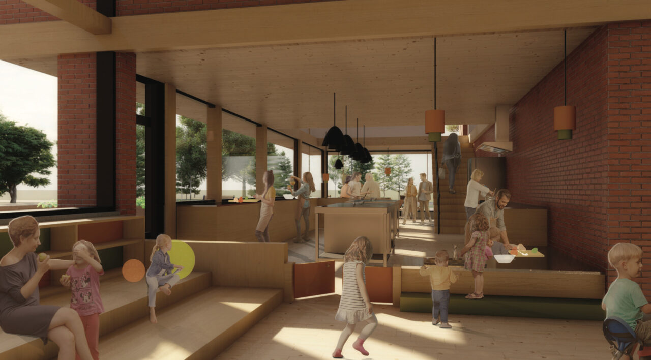 Interior render of children playing in a student designed early education center