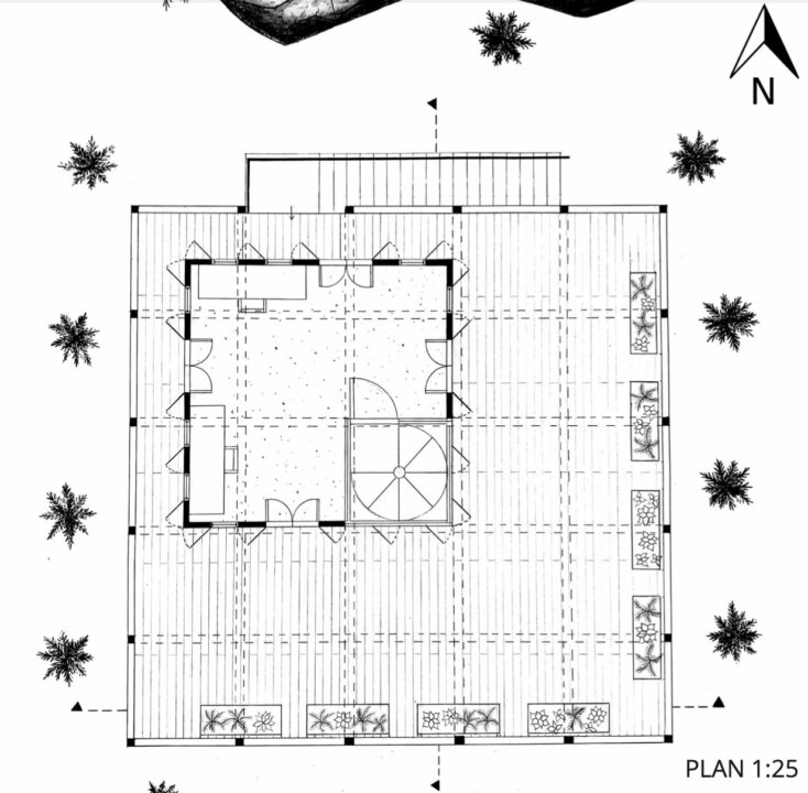 Hand drawn first floor plan of a student designed building