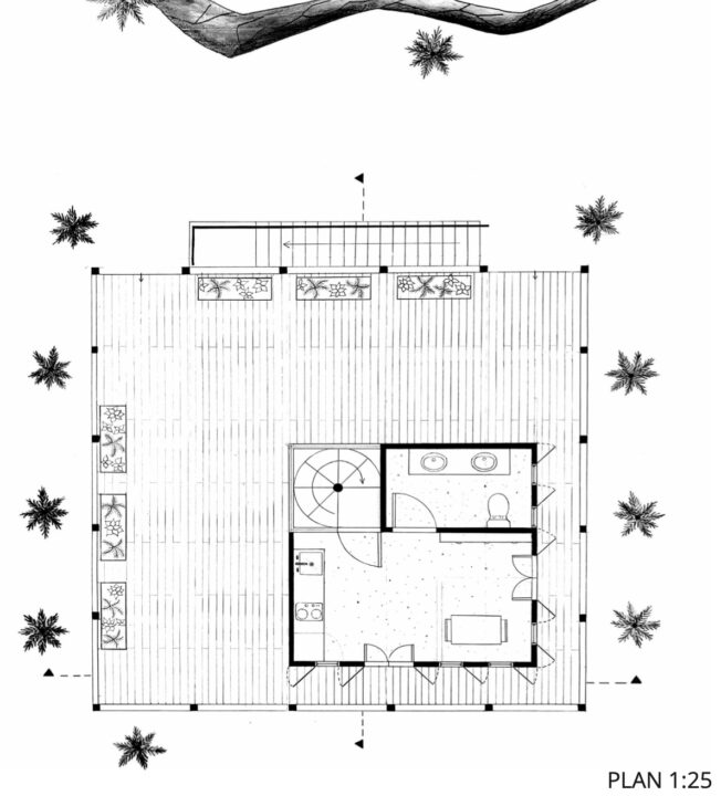 Hand drawn second floor plan of a student designed building