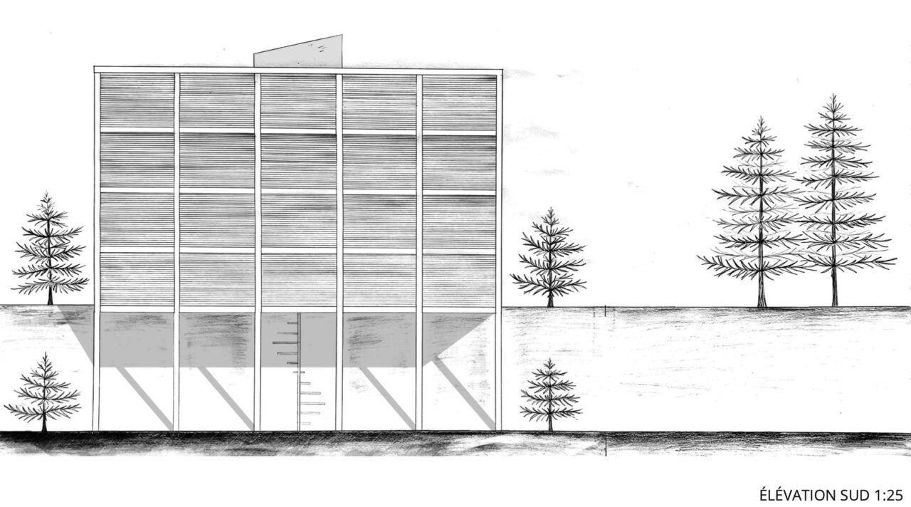 Hand drawn south elevation of a student designed building