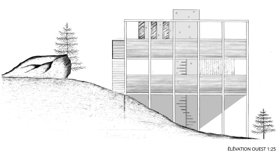 Hand drawn west elevation of a student designed building