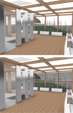 Two interior renders of the inside of a wood building with large windows covered in horizontal wood slats