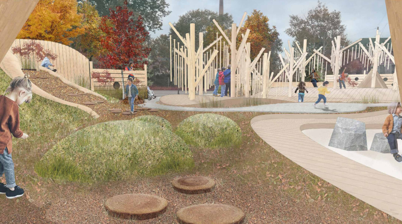 Exterior render of children playing in a playground with student designed play structures