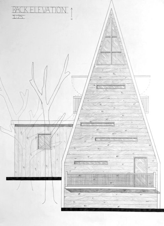 Hand drawn back elevation of a student designed building