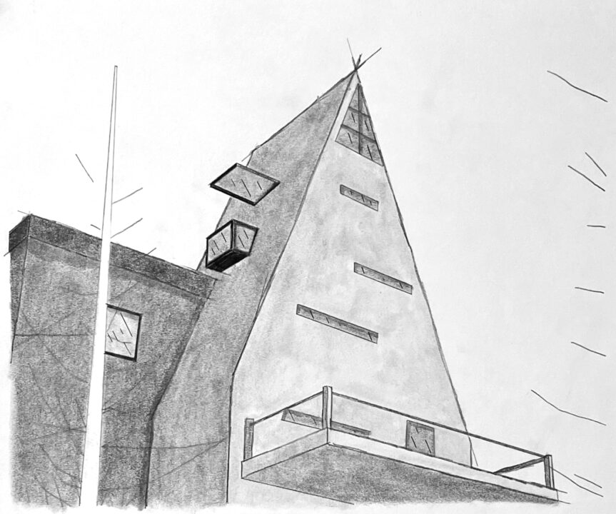 Hand drawn perspective image of a student designed building, showing the roof of the building