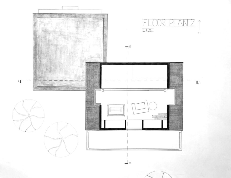 Hand drawn second floor plan of a student designed building
