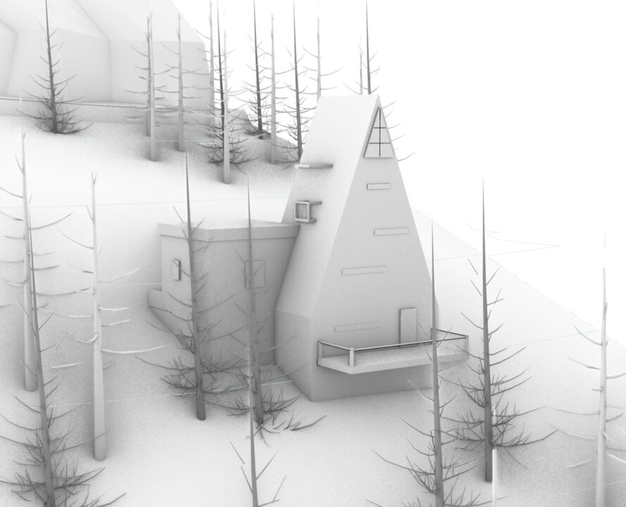 Black and white exterior render of a triangular building in the woods