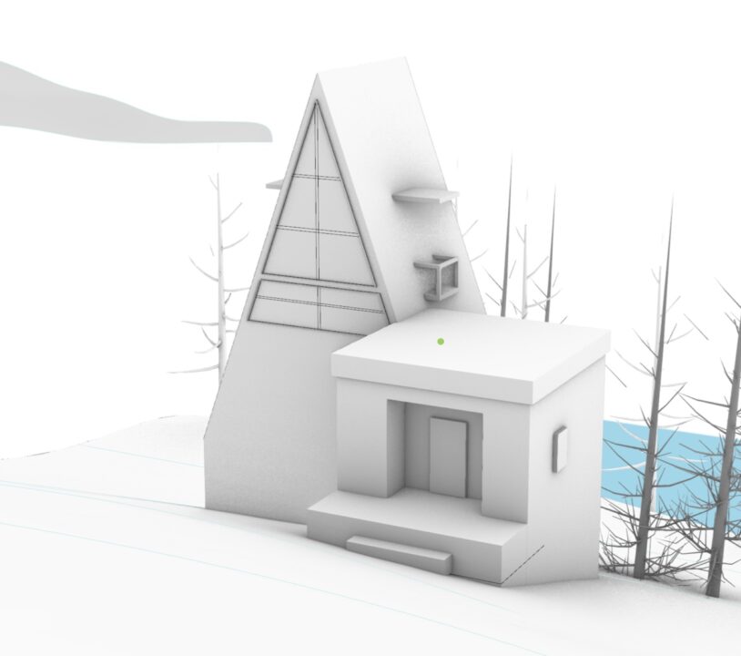 Exterior render of a triangular building next to a lake