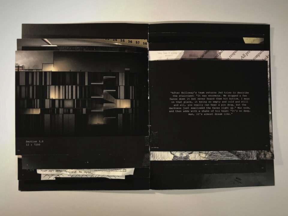 Photograph of a sketchbook page with a section and text on a collaged background