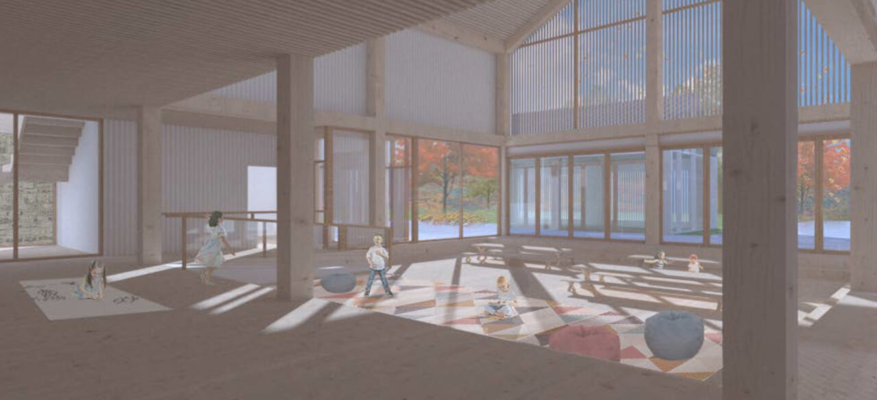 Interior render of a gathering space in a student designed early education center