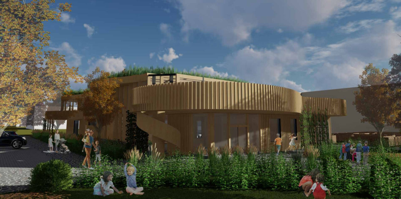 Exterior render of people gathering outside of a student designed early education center