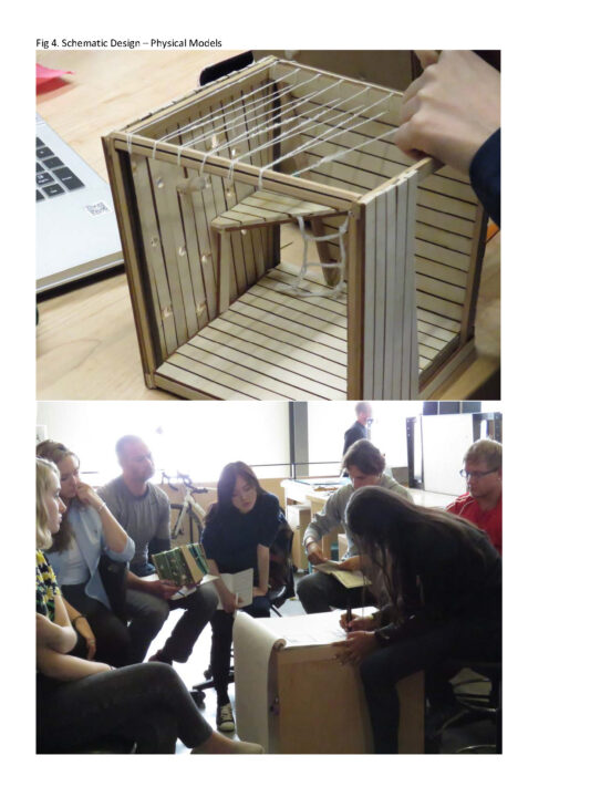 Two photographs of students making test models and discussing ideas